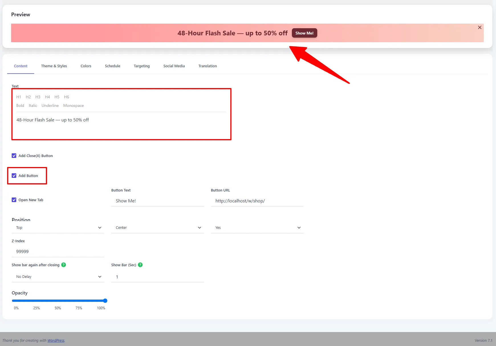 Action Bar Content tab: message plus the Action Button options, labelled Add Button in the screenshot