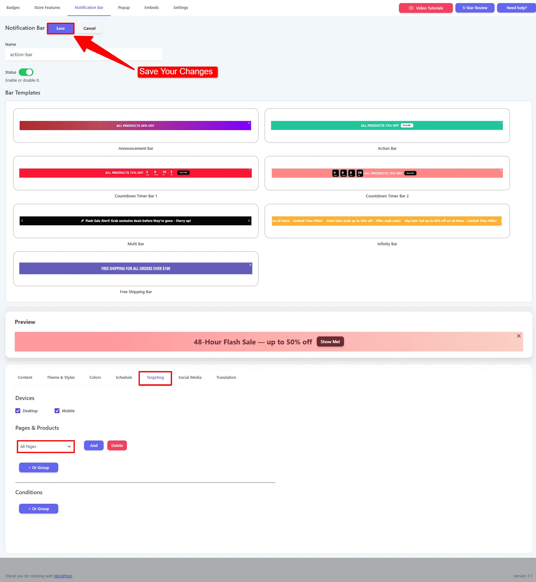 Targeting tab: devices and page rules