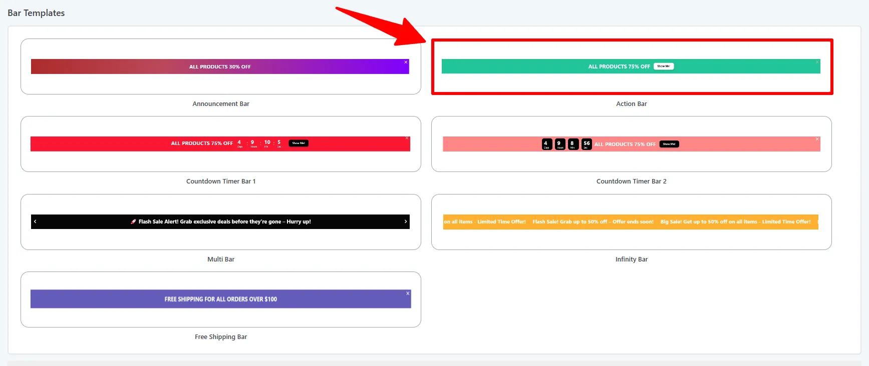 Bar Templates gallery: the Action Bar template selected