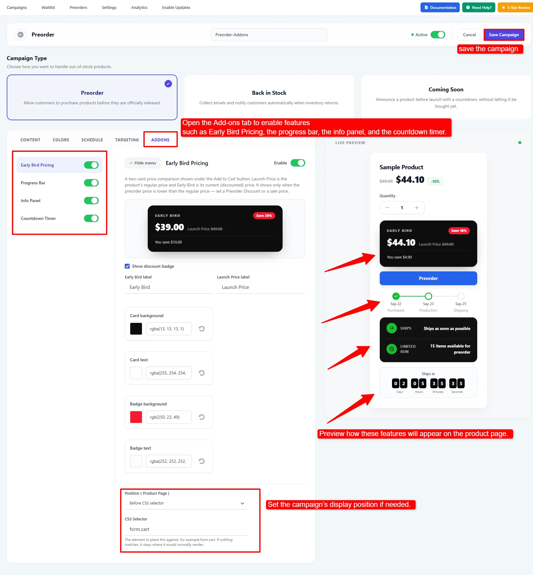 Preorder Addons tab with Early Bird, progress bar, info panel, and countdown switches