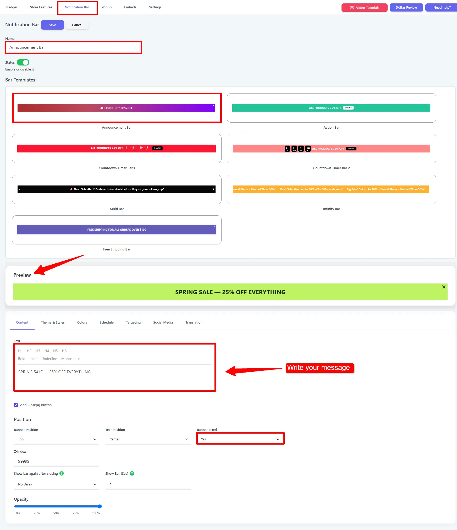 Announcement Bar setup: pick the template, write the message, set the position