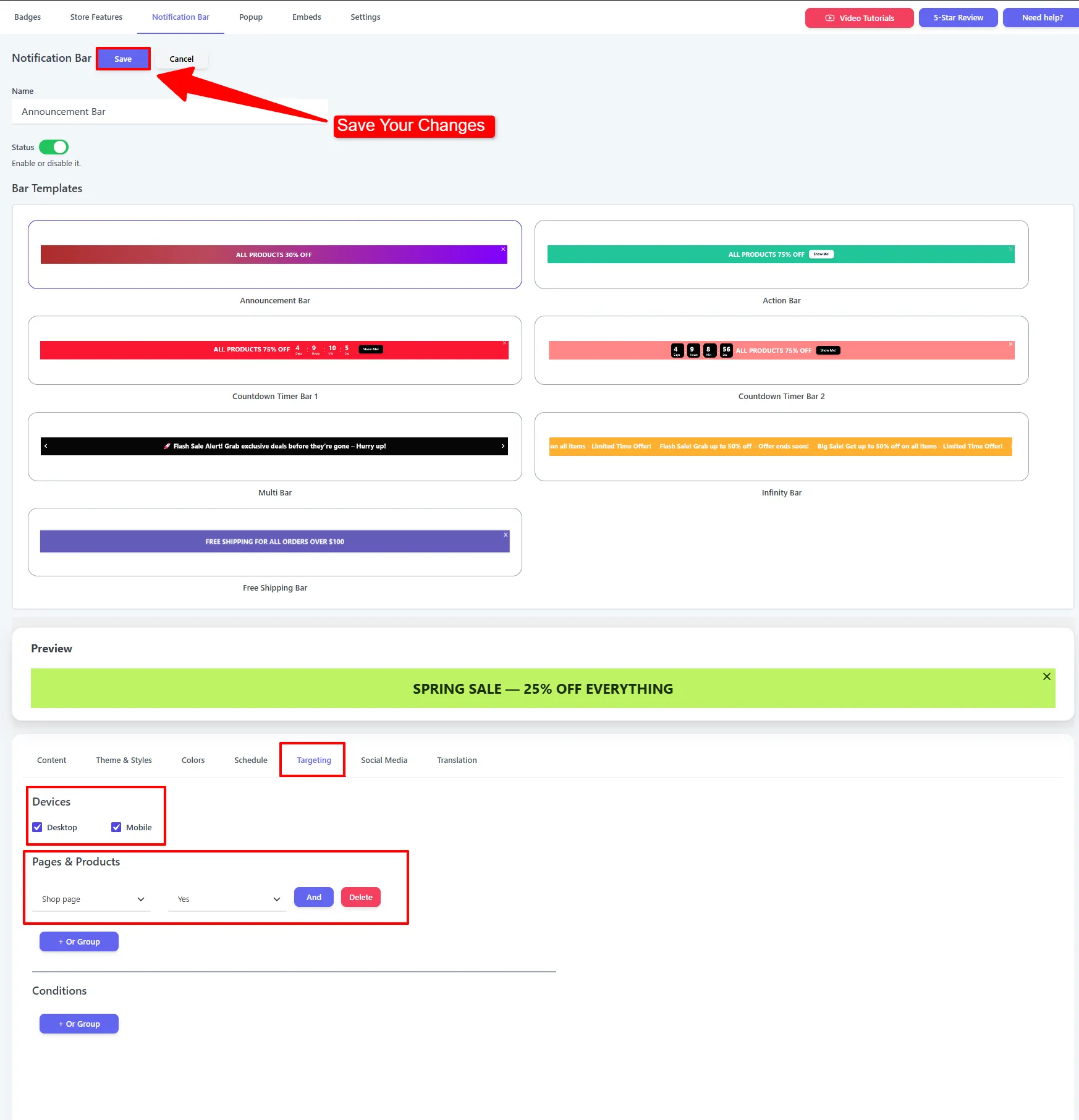 Targeting tab: devices and page rules