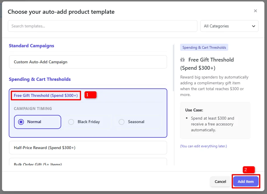 Choose auto-add product template - Free Gift Threshold