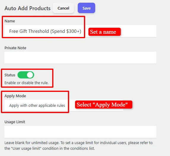 Configure Auto Add Product rule settings