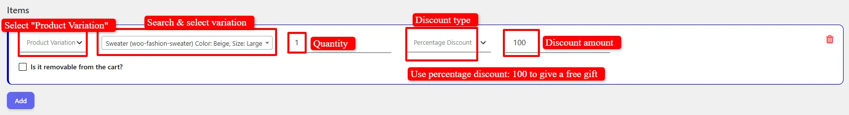 Configure Product Variation free gift