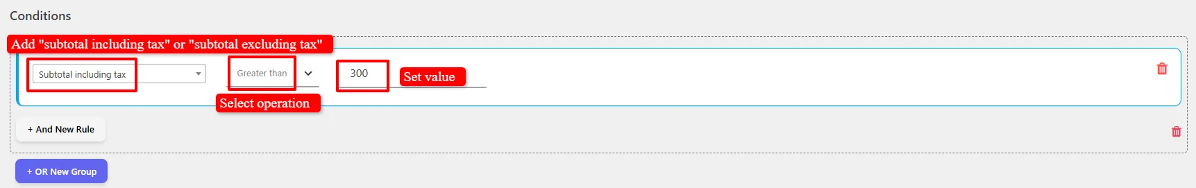 Set minimum spend subtotal conditions