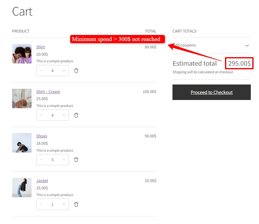 Cart below minimum spend - free gift is automatically withheld or removed