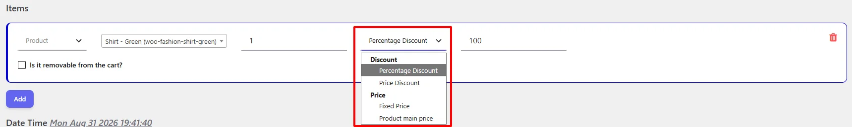 Auto-add discount type options