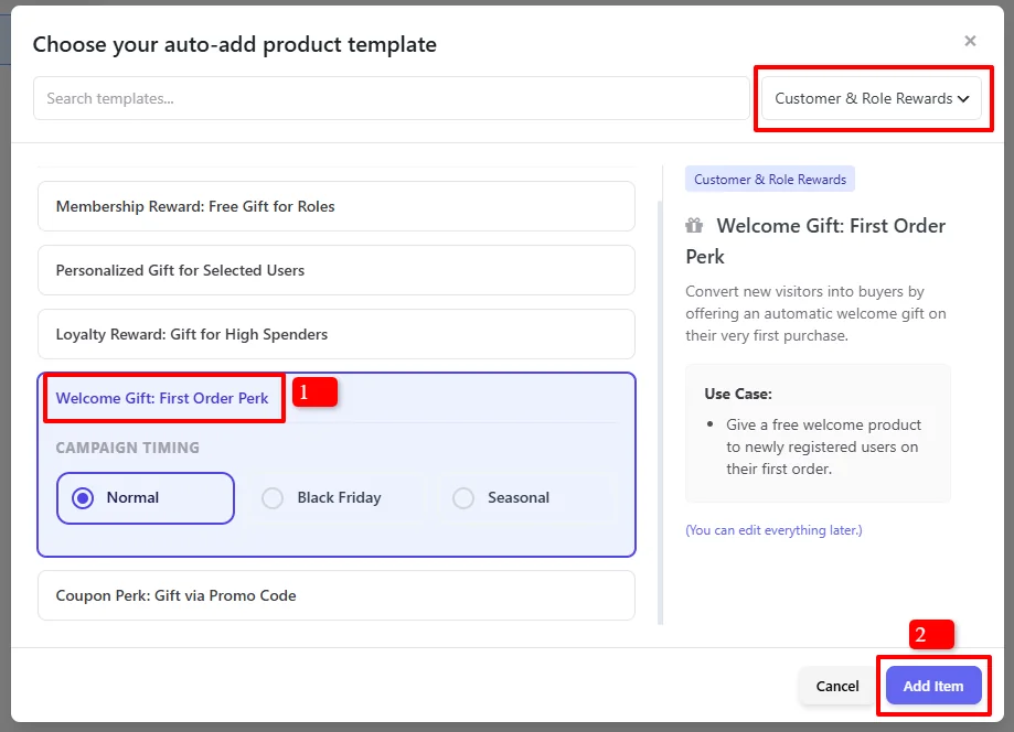 Choose auto-add product template - Welcome Gift First Order Perk