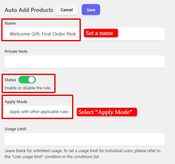 Configure Auto Add Product rule settings