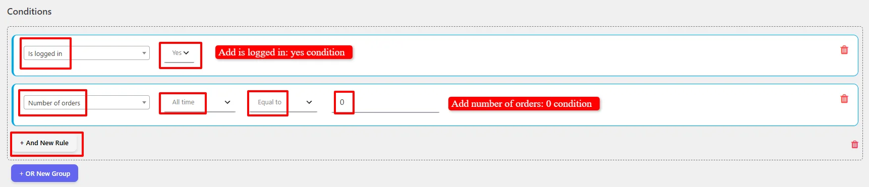 Set first order customer conditions