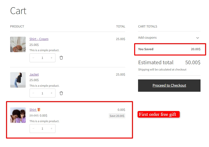 First order free gift automatically applied in cart