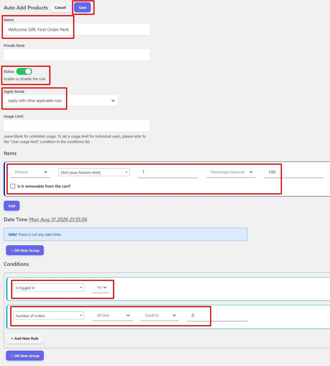 Full Welcome Gift rule configuration overview