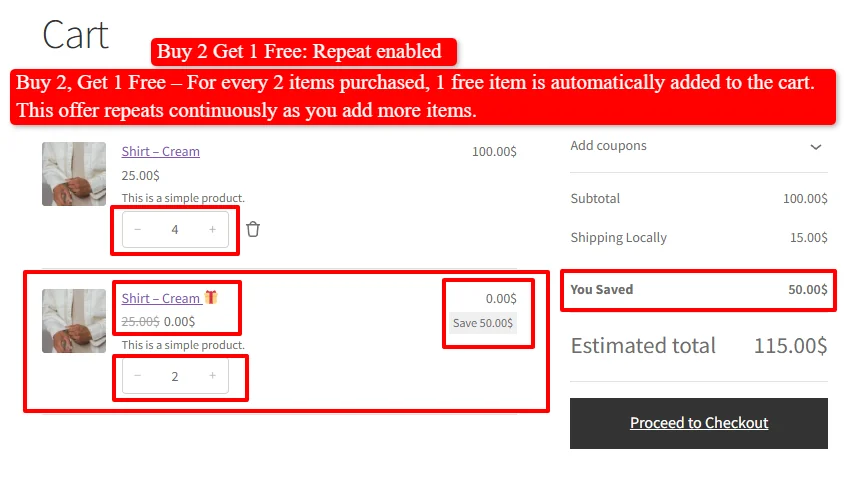 Buy 2 Get 1 Free repeat enabled in cart