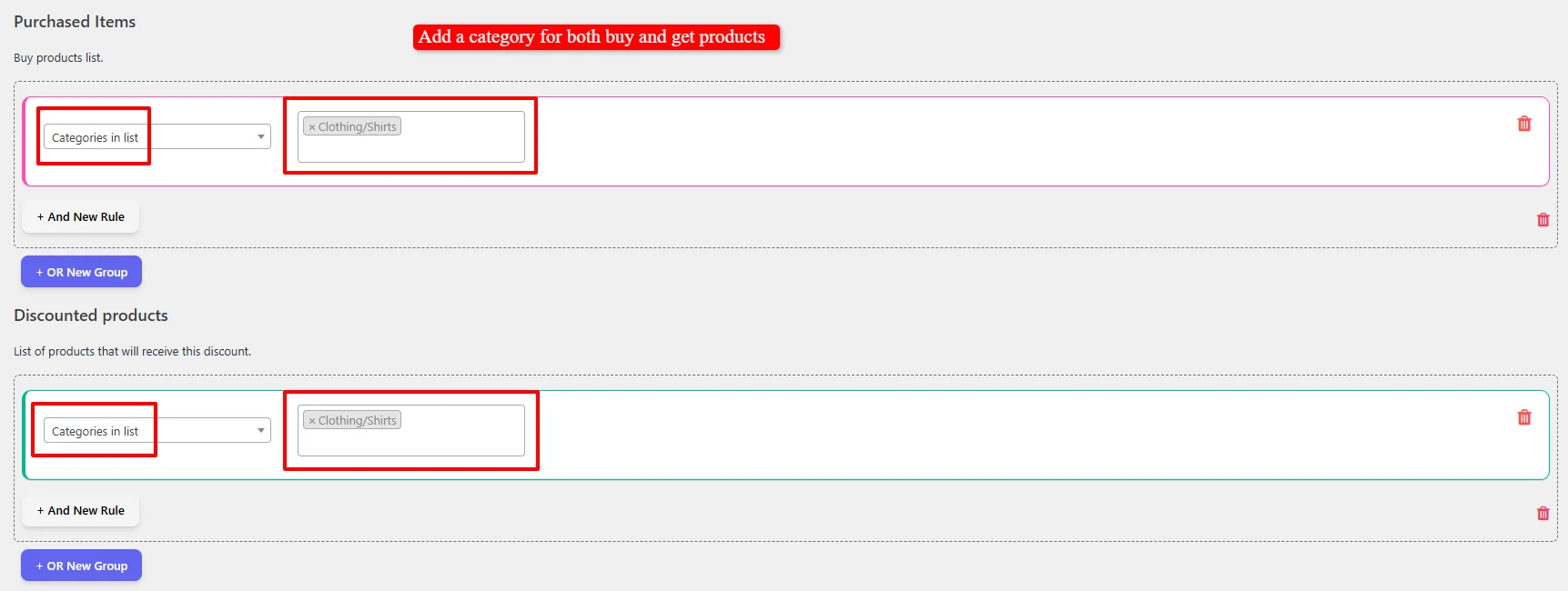 Select categories for Purchased Items
