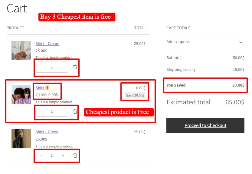 Buy 3 Cheapest is Free applied in cart