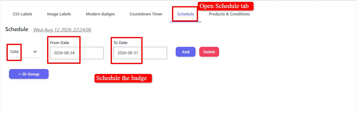 Schedule badge for specific date range