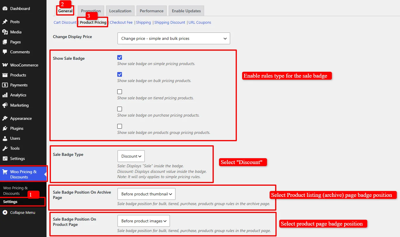 Sale badge settings in Discount Rules plugin
