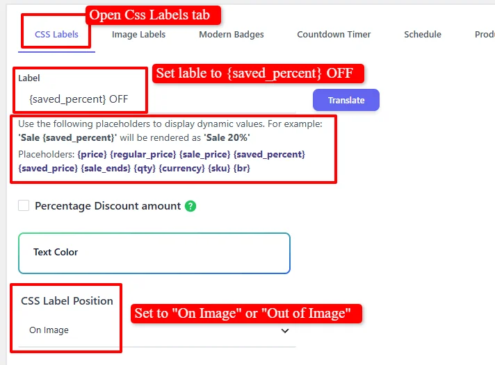 CSS Label configuration with placeholders