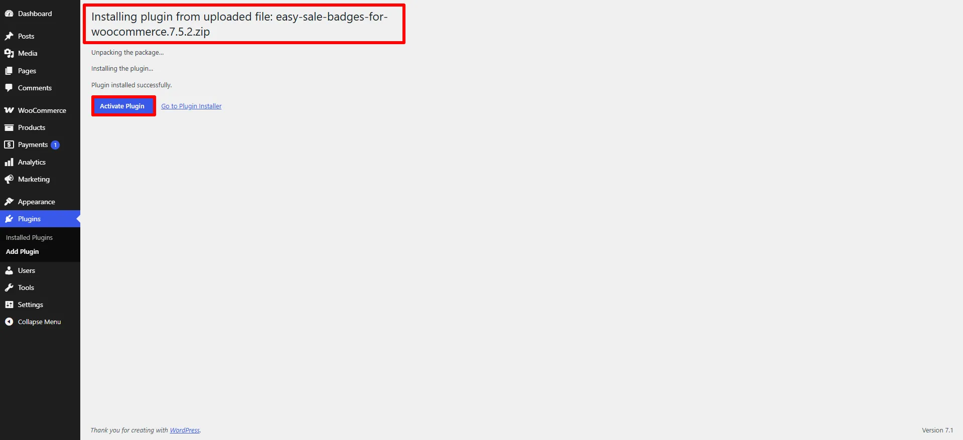 Plugin installed successfully — Activate Plugin