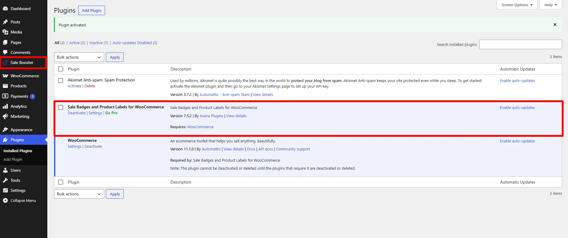 Plugin activated — the Sale Booster menu