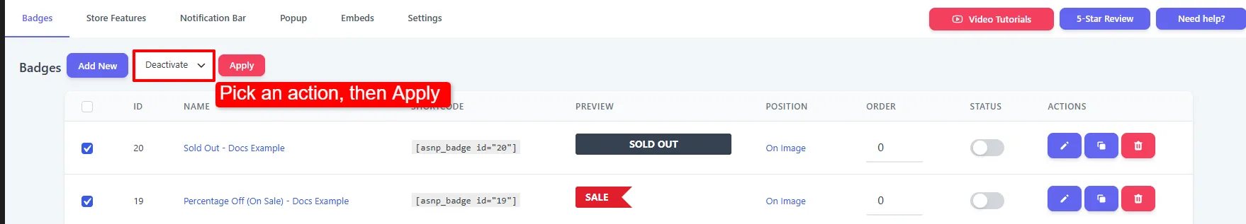 Bulk actions dropdown with badges selected