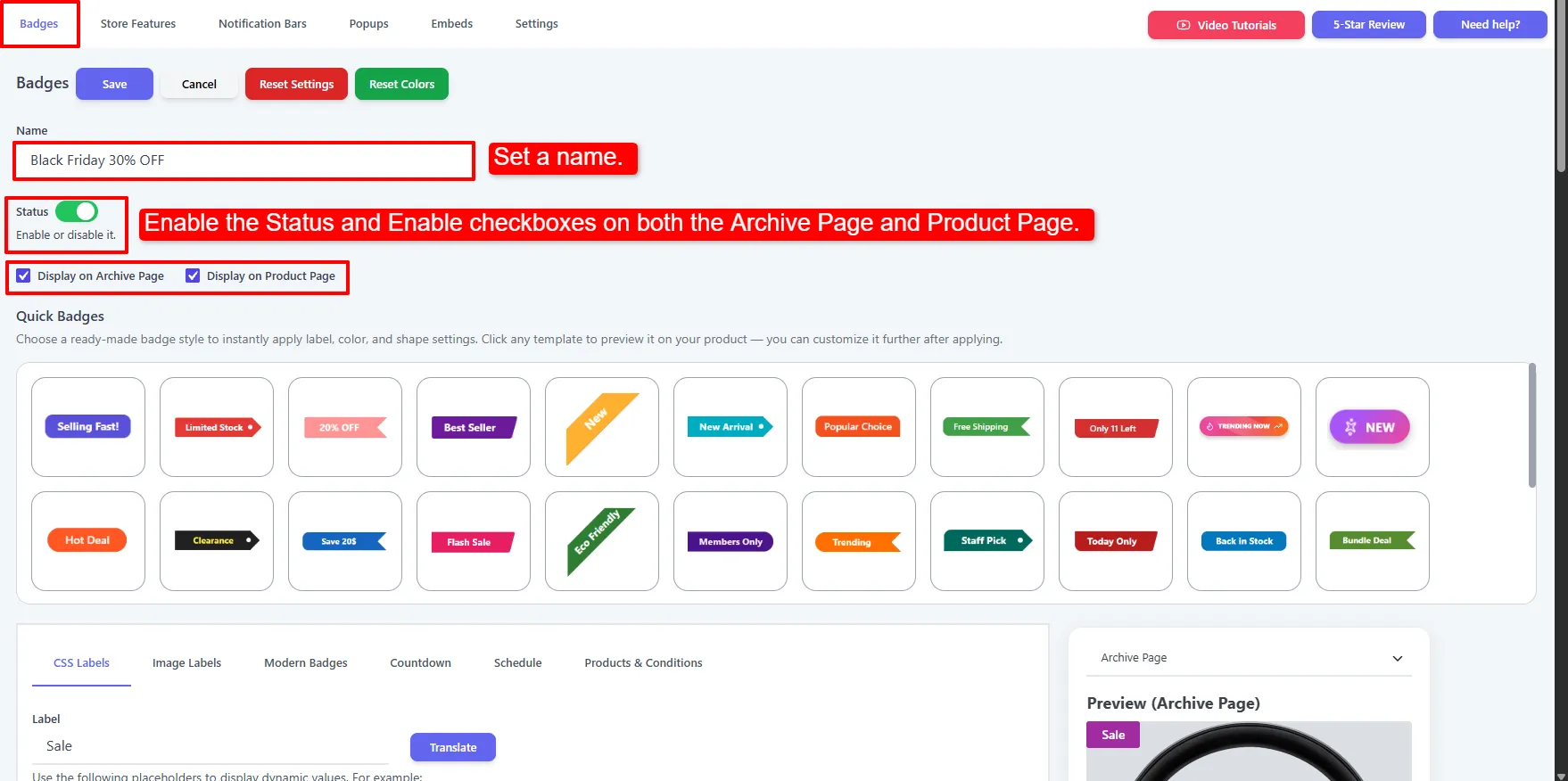 Badge editor: the name, Status, and the two "Display on…" checkboxes