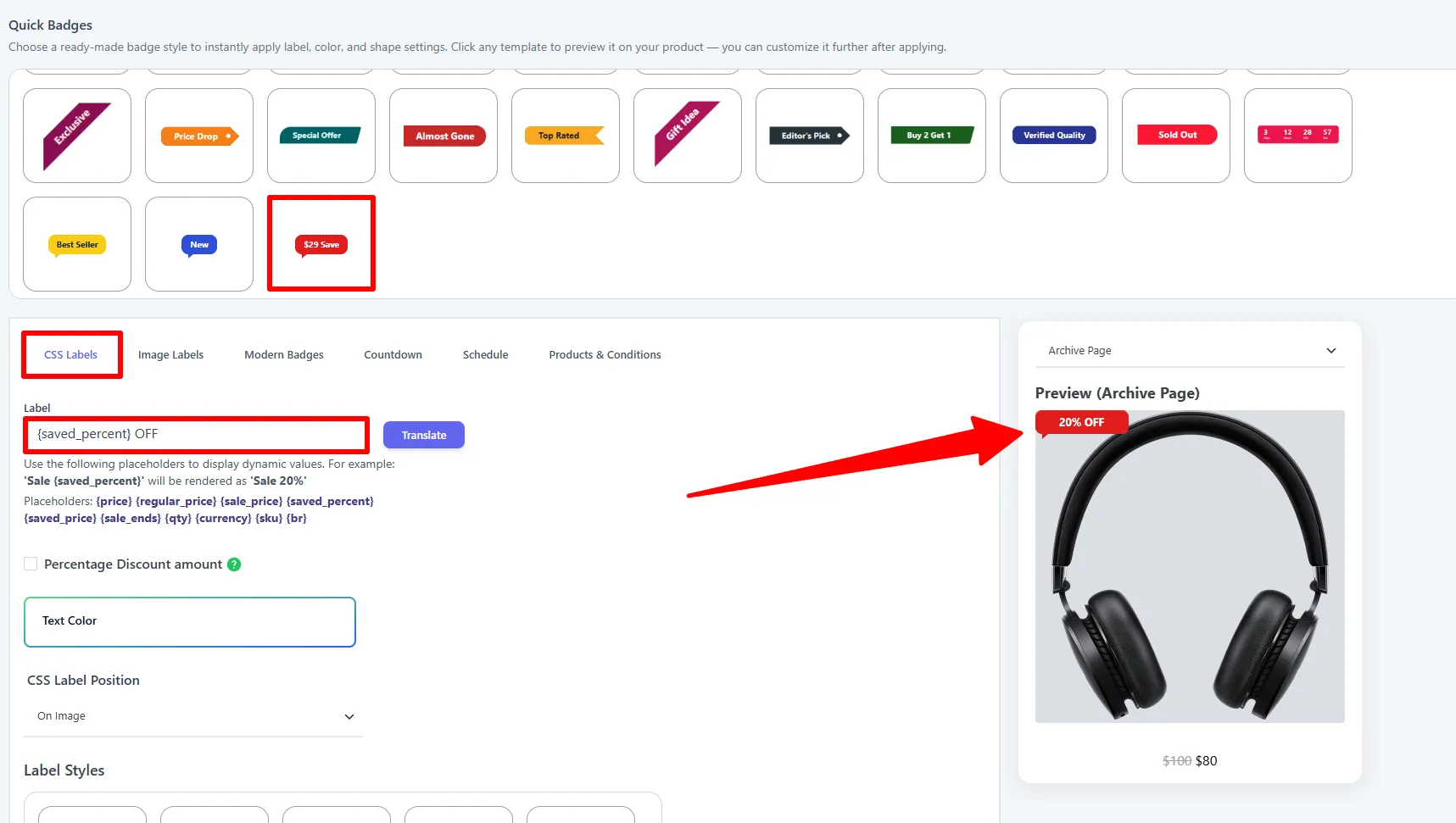 CSS Labels tab: the Label field with saved_percent OFF and the live preview