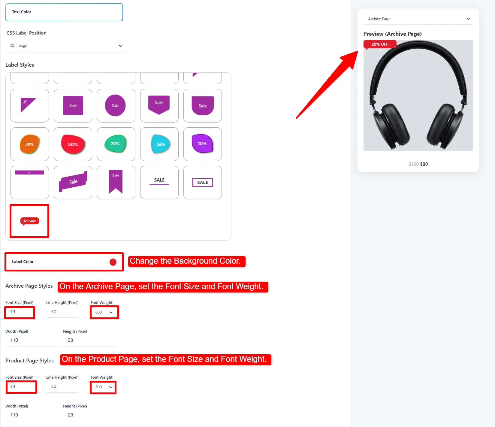 CSS Labels tab: Label Styles shape, Label Color, and the font size/weight fields