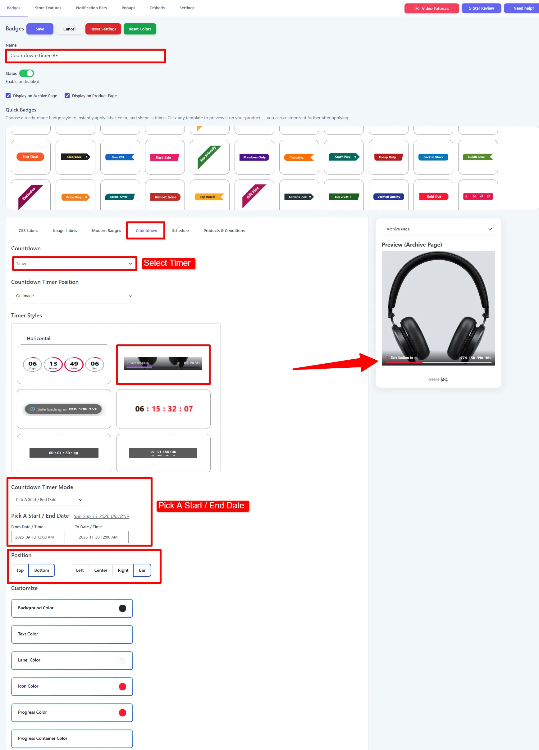 Countdown tab: Timer style, Pick A Start / End Date, and Bottom / Bar position