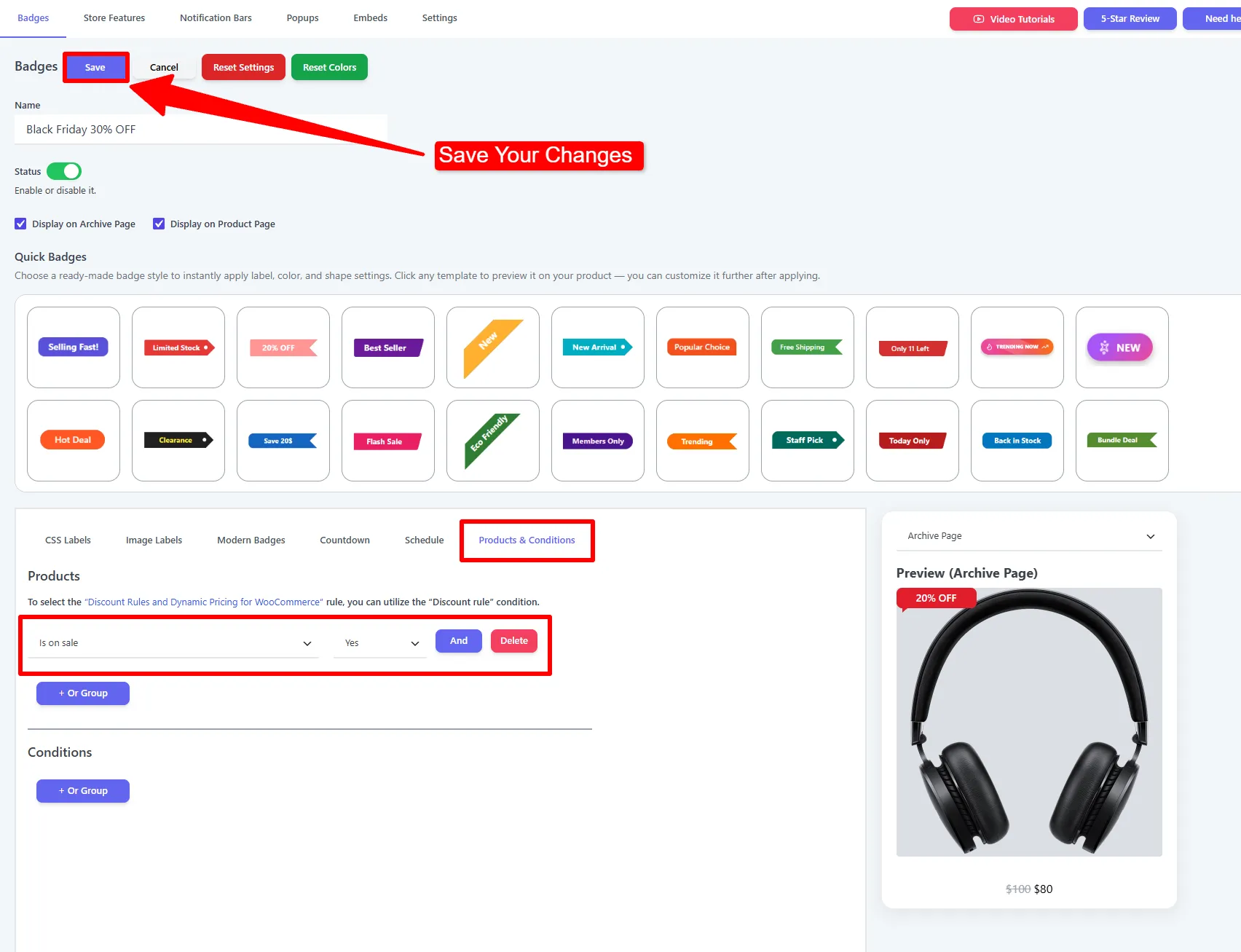 Products &amp; Conditions: Is on sale → Yes, with the Save button