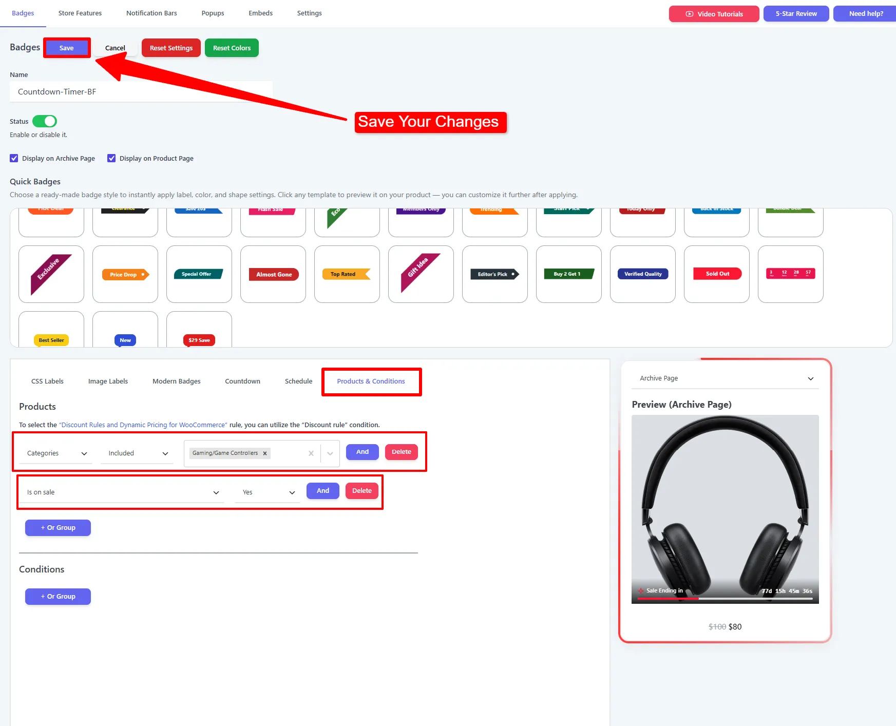 Products &amp; Conditions: Categories → Gaming AND Is on sale → Yes, with Save