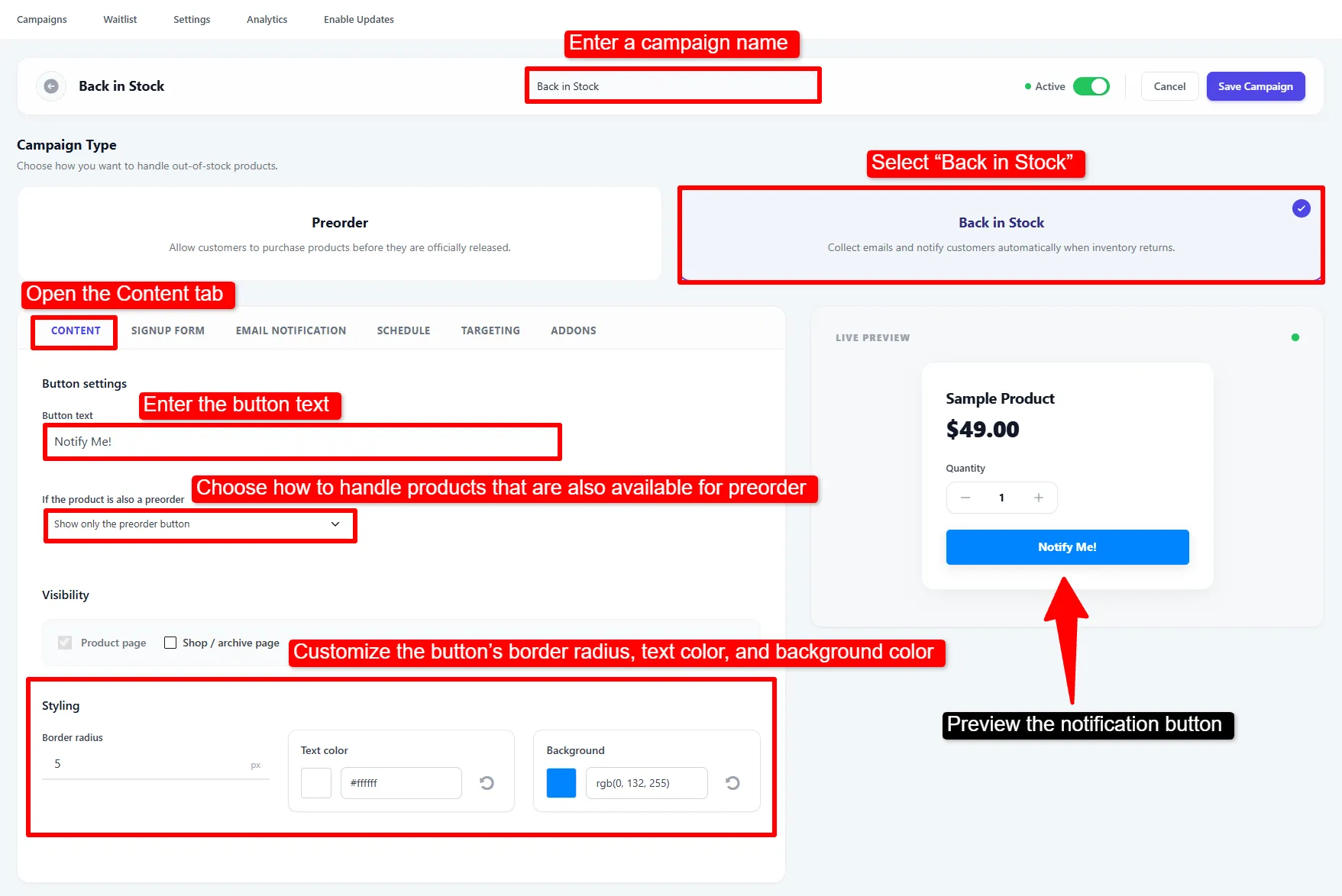 The campaign editor with Back in Stock selected and the Content tab filled in