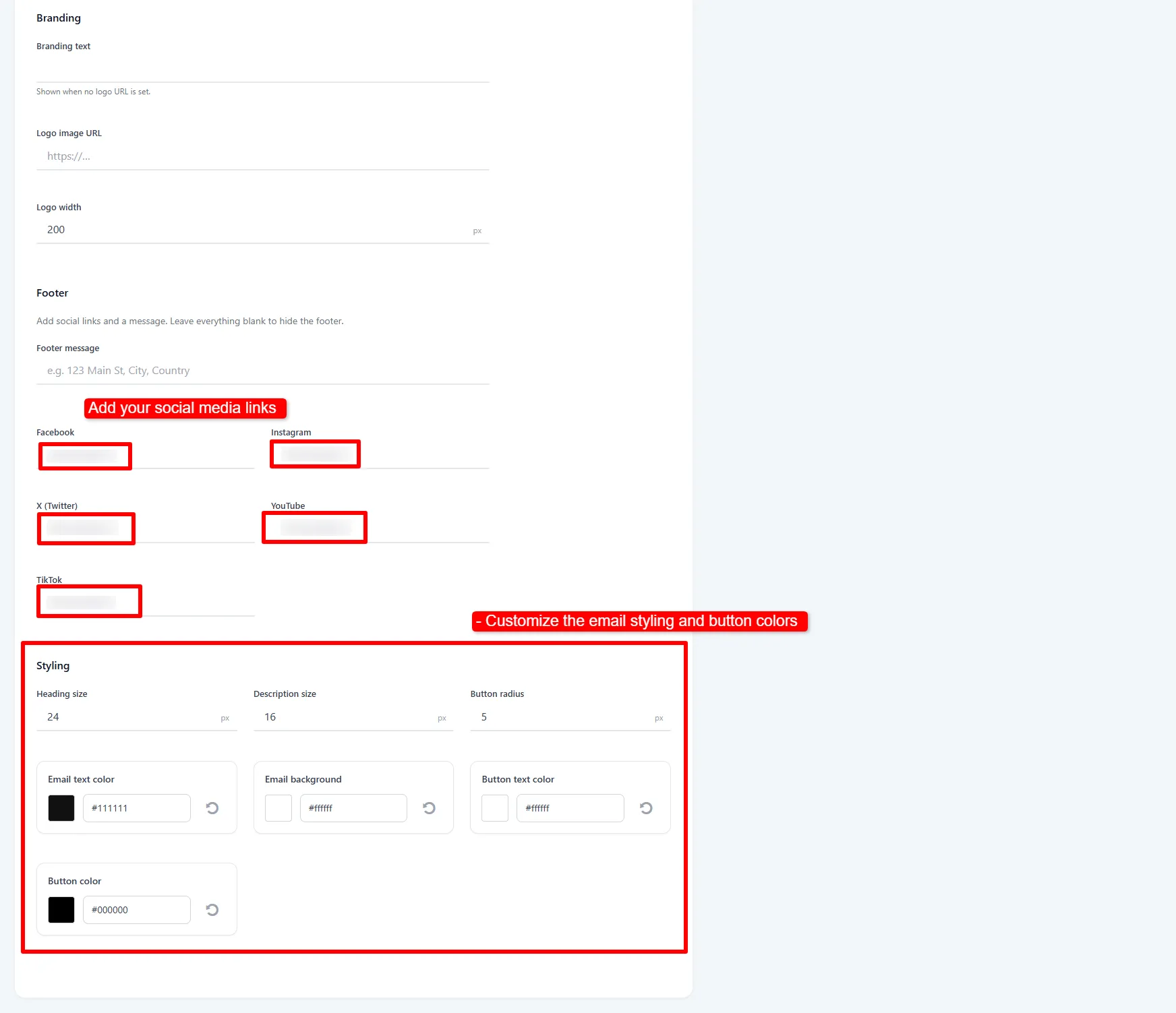 The Email Notification tab scrolled to branding, footer links and styling