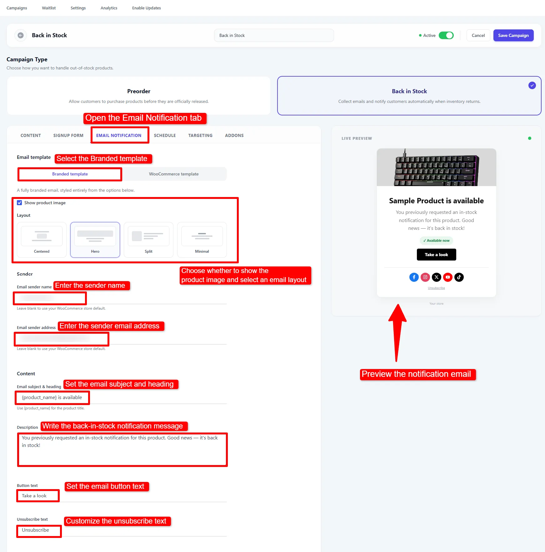 The Email Notification tab showing template choice, layout, sender and content fields