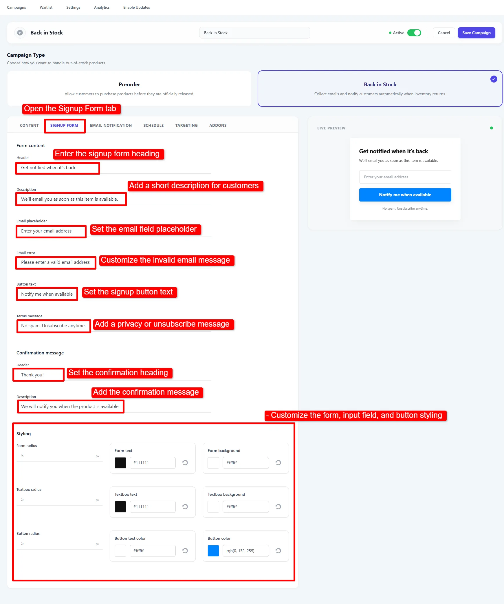 The Signup Form tab showing form content, confirmation message and styling fields