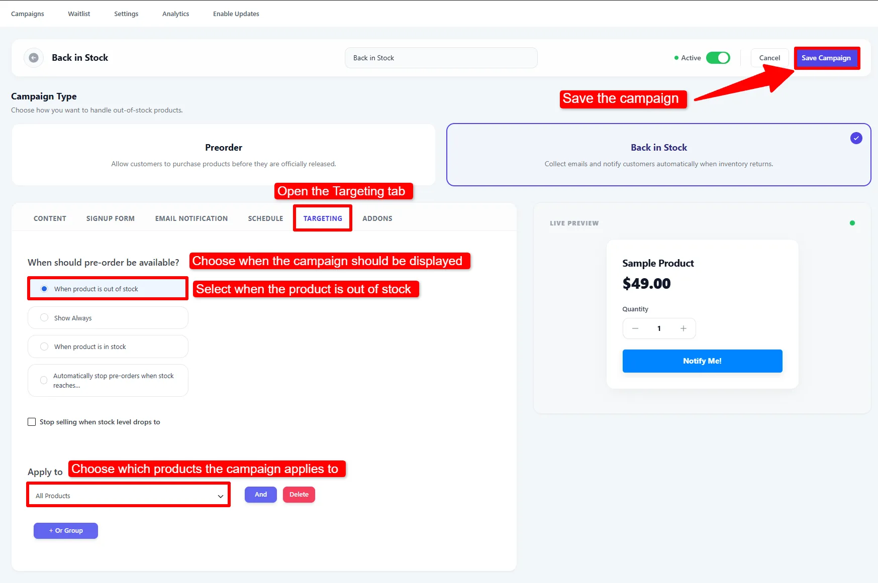 The Targeting tab showing availability options and All Products targeting