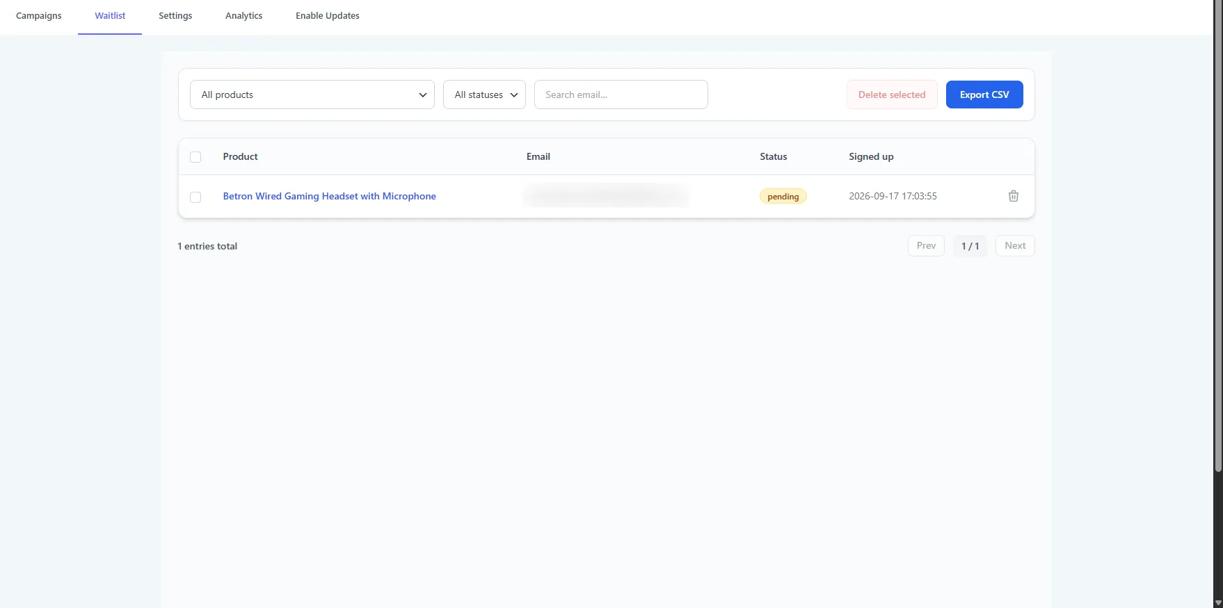 The Waitlist screen listing sign-ups with product, email, status and date