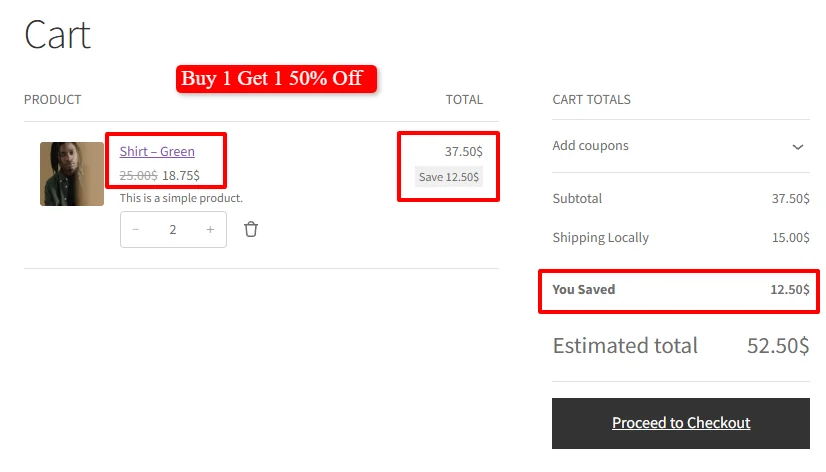 BOGO half price applied in cart