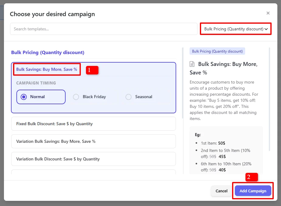 Bulk Pricing template selection
