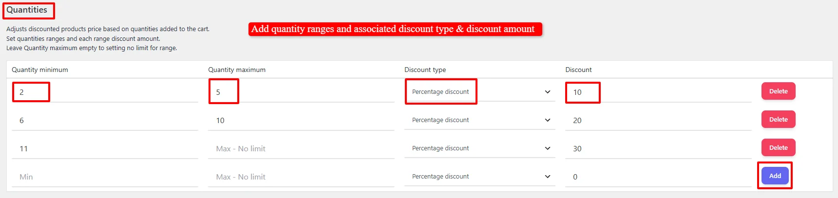Quantity ranges configuration