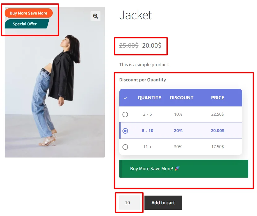 Bulk discount on product page