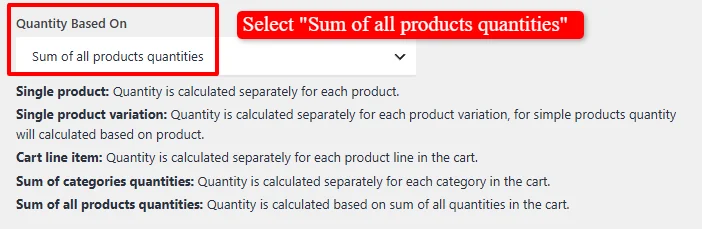 Quantity based on sum of all products quantities