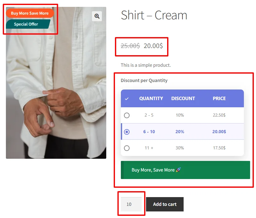 Category bulk discount on product page