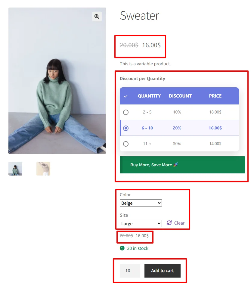 Variation bulk discount on product page