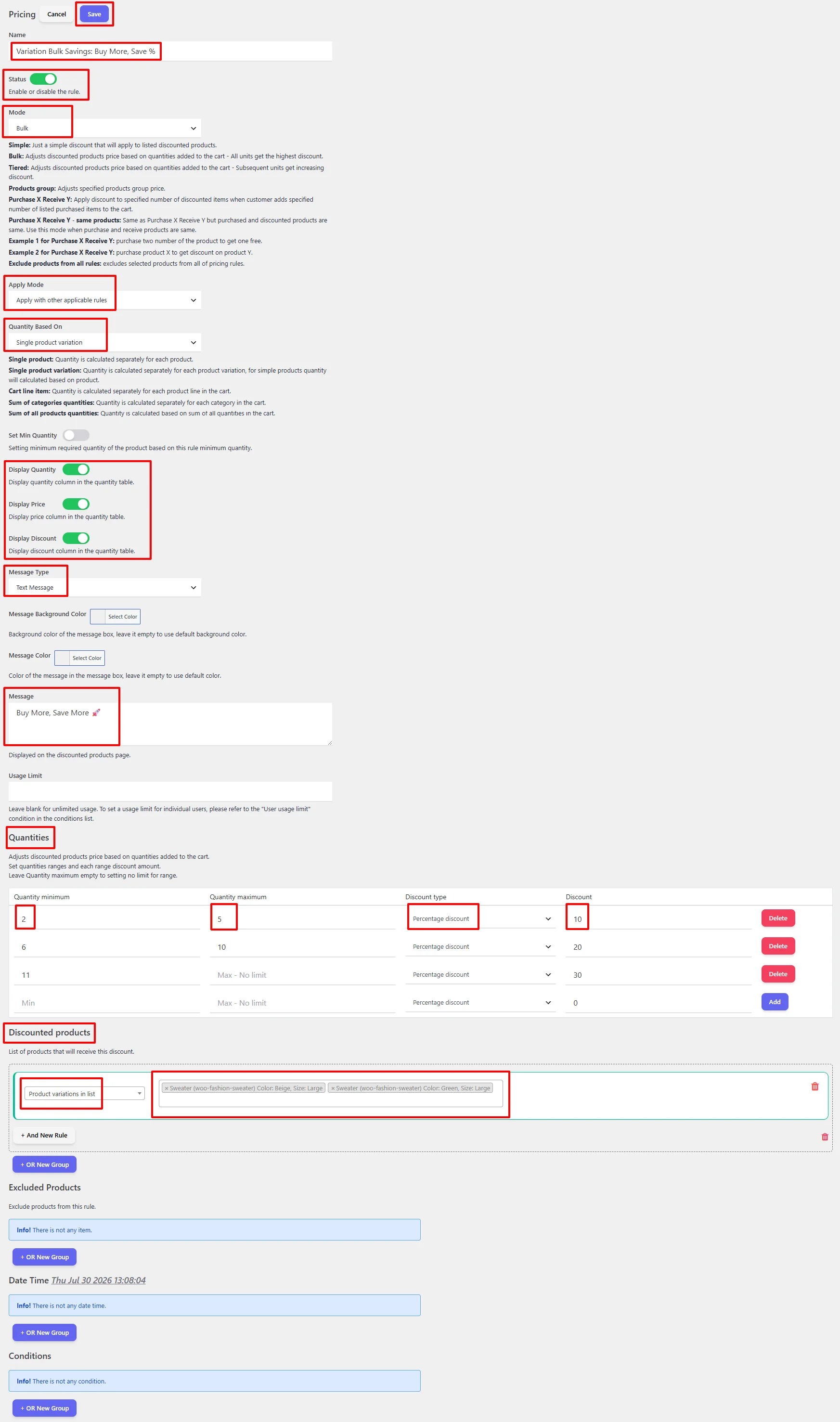 Save variation bulk discount configuration