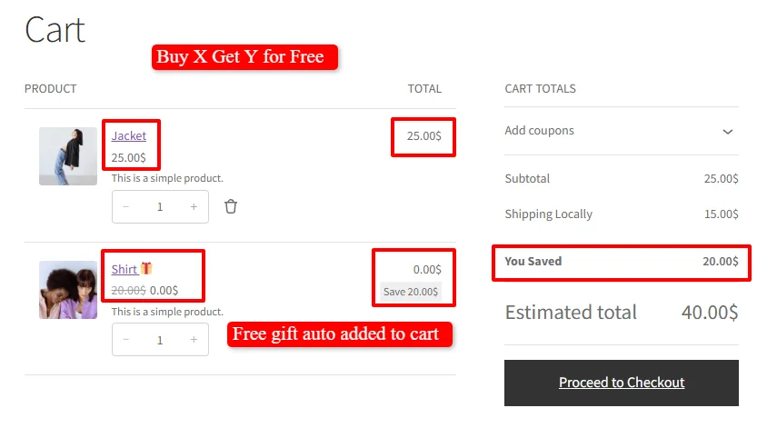 Buy X Get Y Free applied in cart