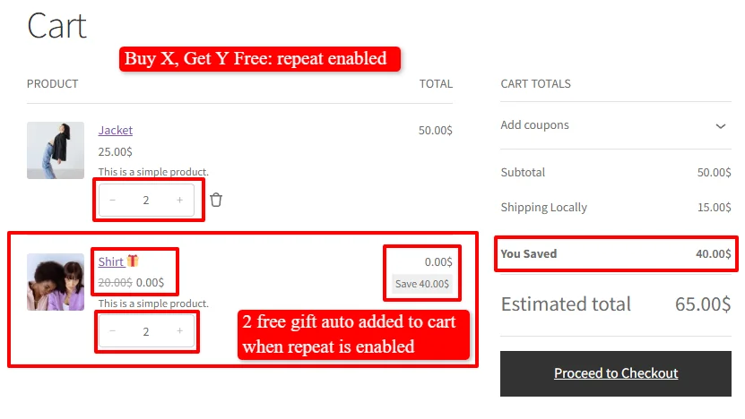 Buy X Get Y Free with repeat enabled in cart