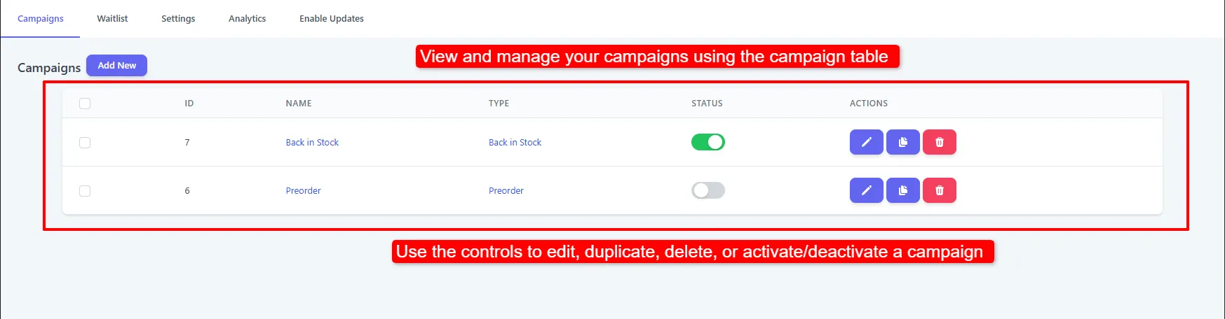 The Campaigns list showing ID, name, type, status toggle and the edit, duplicate and delete actions