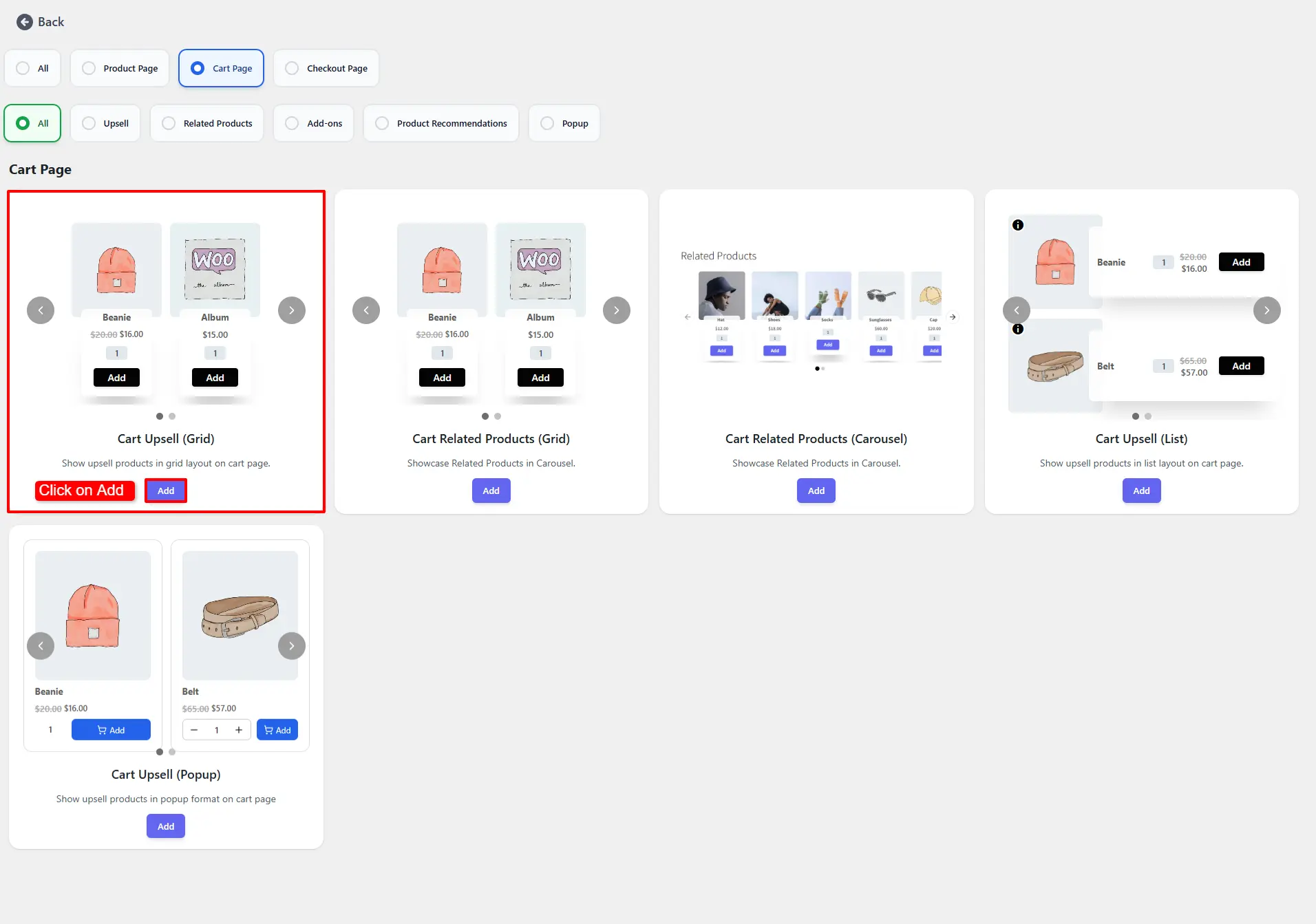 showing Add button for creating a new Product Upsell section